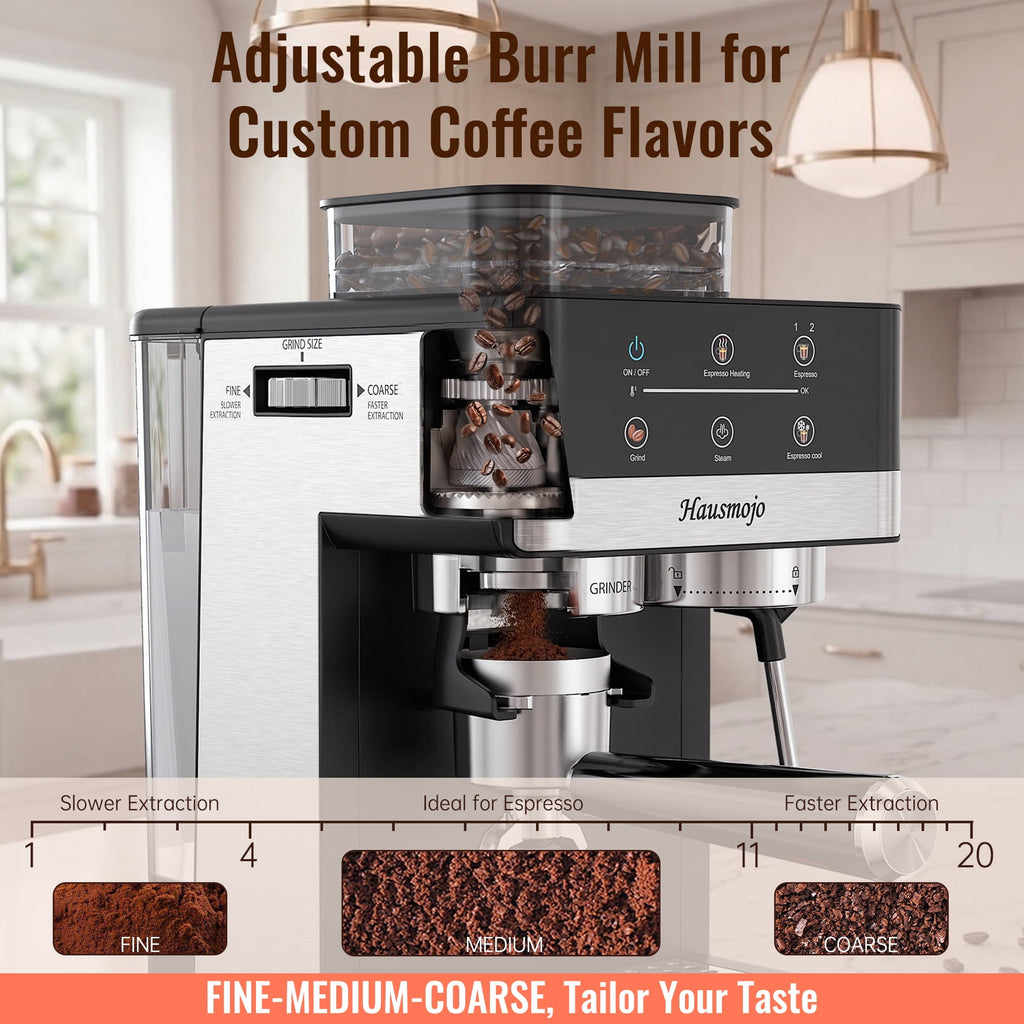 Hausmojo M5520 Espresso Machine with Grinder & Milk Frother , 20 Bar Semi-Automatic Cappuccino Latte Maker for Home