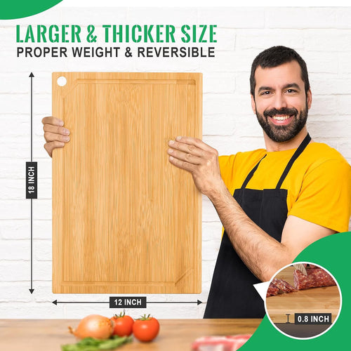 18” x 12” Cadley Bamboo Cutting Board for Kitchen, Extra Large Wooden Chopping Board with Juice Groove and Hanging Hole, Heavy Duty Cutting Board.