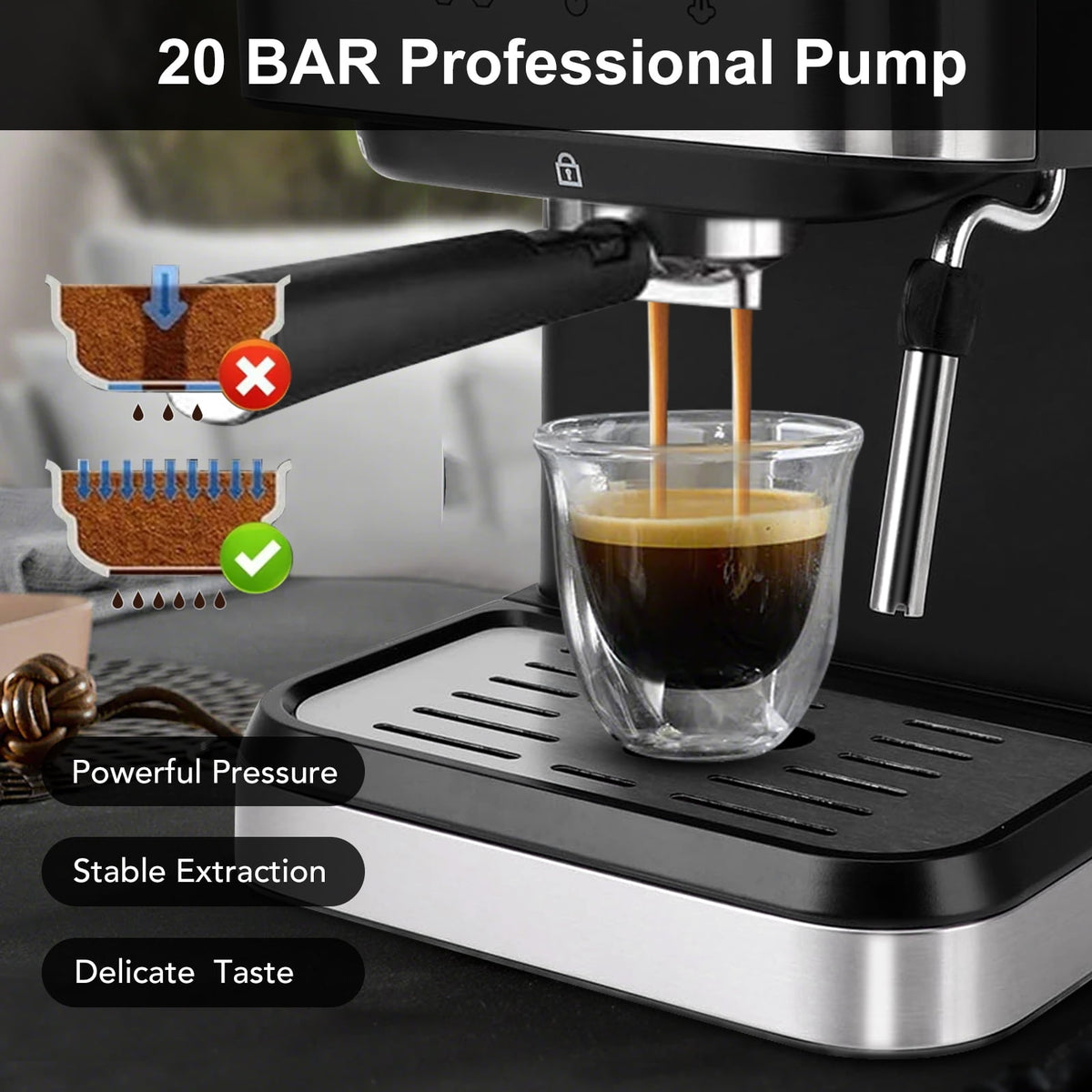 Fyydes Espresso Machine 20 Bar, 1.5L Water Tank with Milk Frother Steam, Stainless Steel Coffee Maker for Espresso, Latte, Mocha, Americano, 1050W, Silver