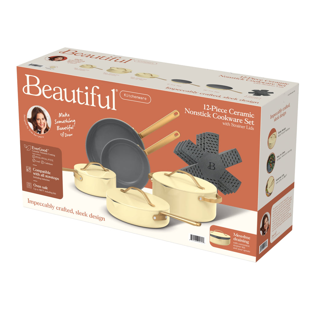 Beautiful 12-Piece Cookware Set, Pots and Pans with Strainer Lids and EverGood Ceramic Nonstick Coating, White Icing by Drew Barrymore