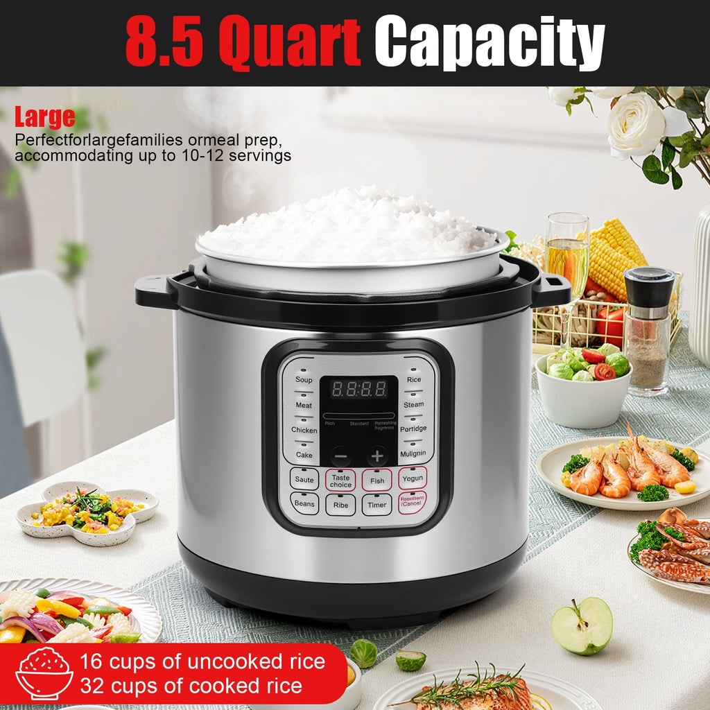 8.5 Quart Electric Pressure Cooker, 16-in-1 Multi-Functional Slow Cooker, Rice Cooker, Saute Pan, Soup Pot, Egg Cooker, Warmer, Preset Cooking, Stainless Steel