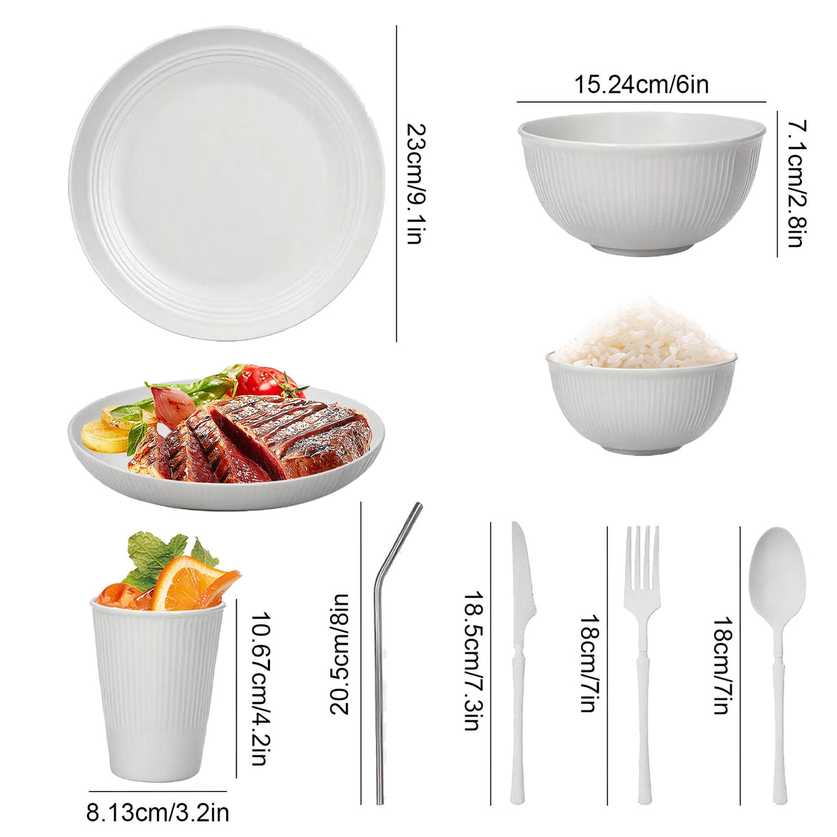 Soulgenix Wheat Straw Dinnerware Set, 48 Piece Plastic Plates and Bowls Sets for Microwave & Dishwasher Safe, Unbreakable Reusable Dish Set for Home, Dorm, Picnic, Black