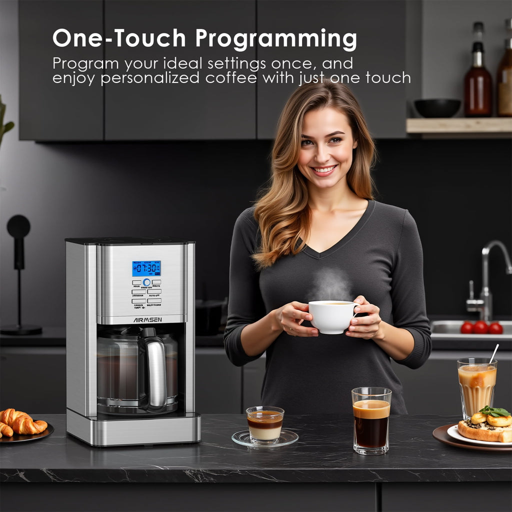 AIRMSEN Stainless Steel 12 Cup Drip Coffee Maker, Programmable Coffee Machine Self-Cleaning