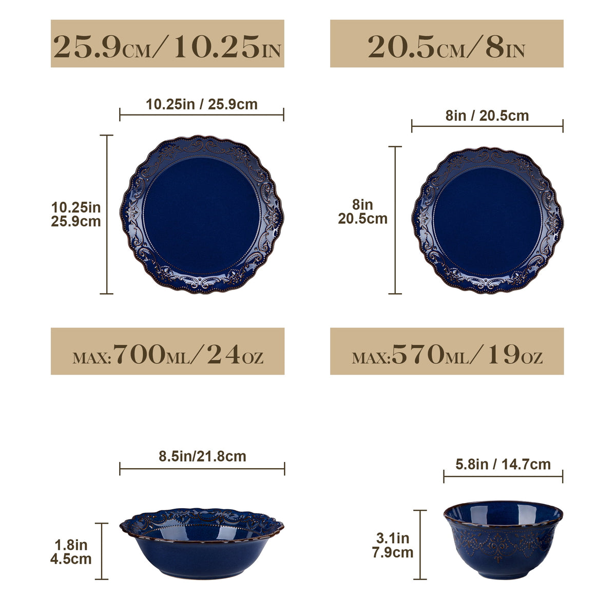 vancasso 16 pcs Dinnerware Sets, Plates and Bowls Set for 4, Stoneware Dinner Set, Blue