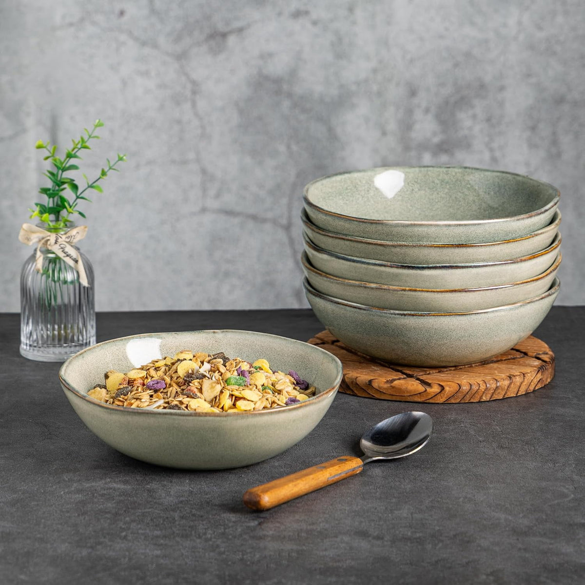 AmorArc Ceramic Cereal Bowls Set of 6, 24 oz Handmade Stoneware Bowls Set for Cereal Soup Salad, Stylish Kitchen bowls for Meal, Dishwasher & Microwave Safe, Reactive Glaze-Pearl White