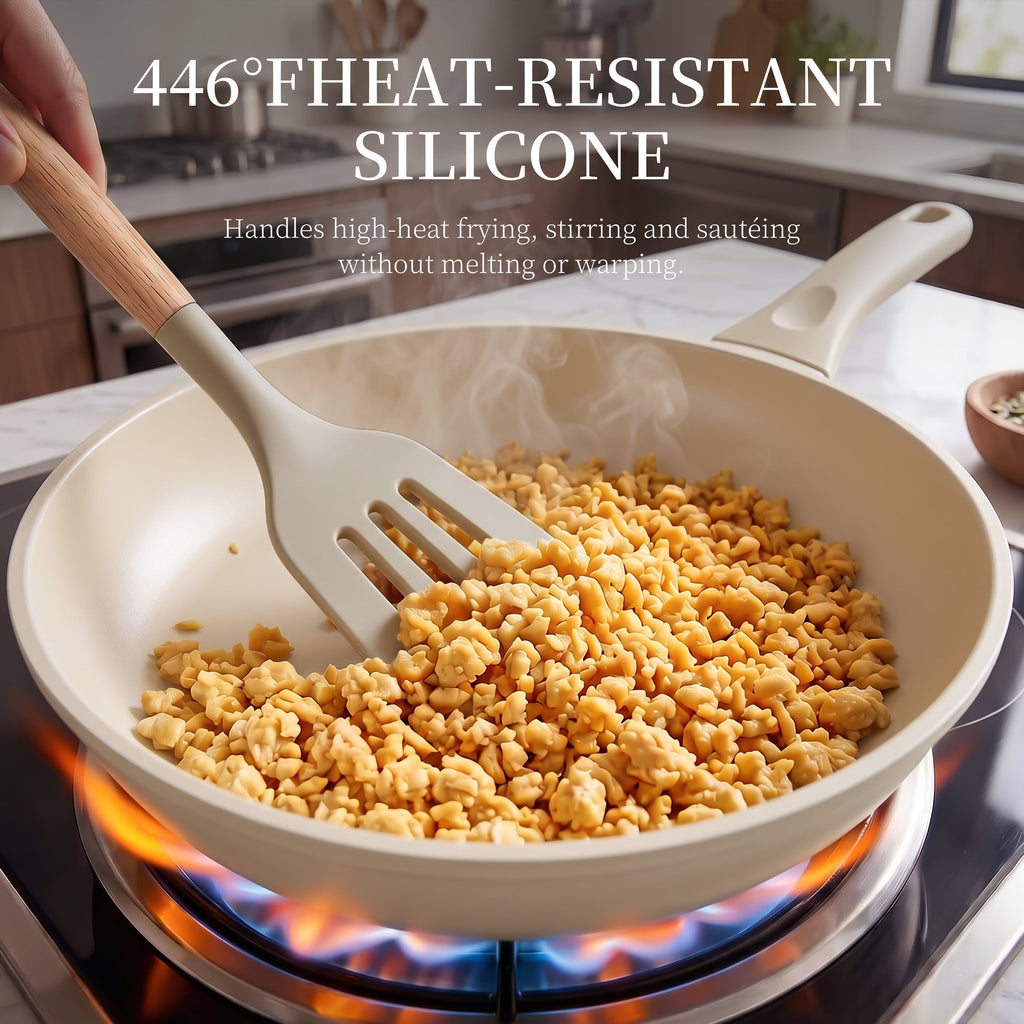 Silicone Cooking Utensils Set - Silicone Kitchen Utensils for Cooking Wooden Handles, 446°F Heat Resistant Kitchen Utensil Spatula Sets w Holder, Gadgets for Non-Stick Cookware BPA FREE (Black)