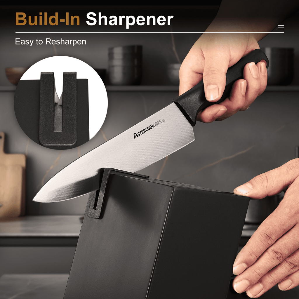 Astercook 15-Piece Kitchen Knife Set, Knives Block Set with Built-in Sharpener, Healthy Anti-Rust Coating & German Stainless Steel Knife Set, Dishwasher Safe Black