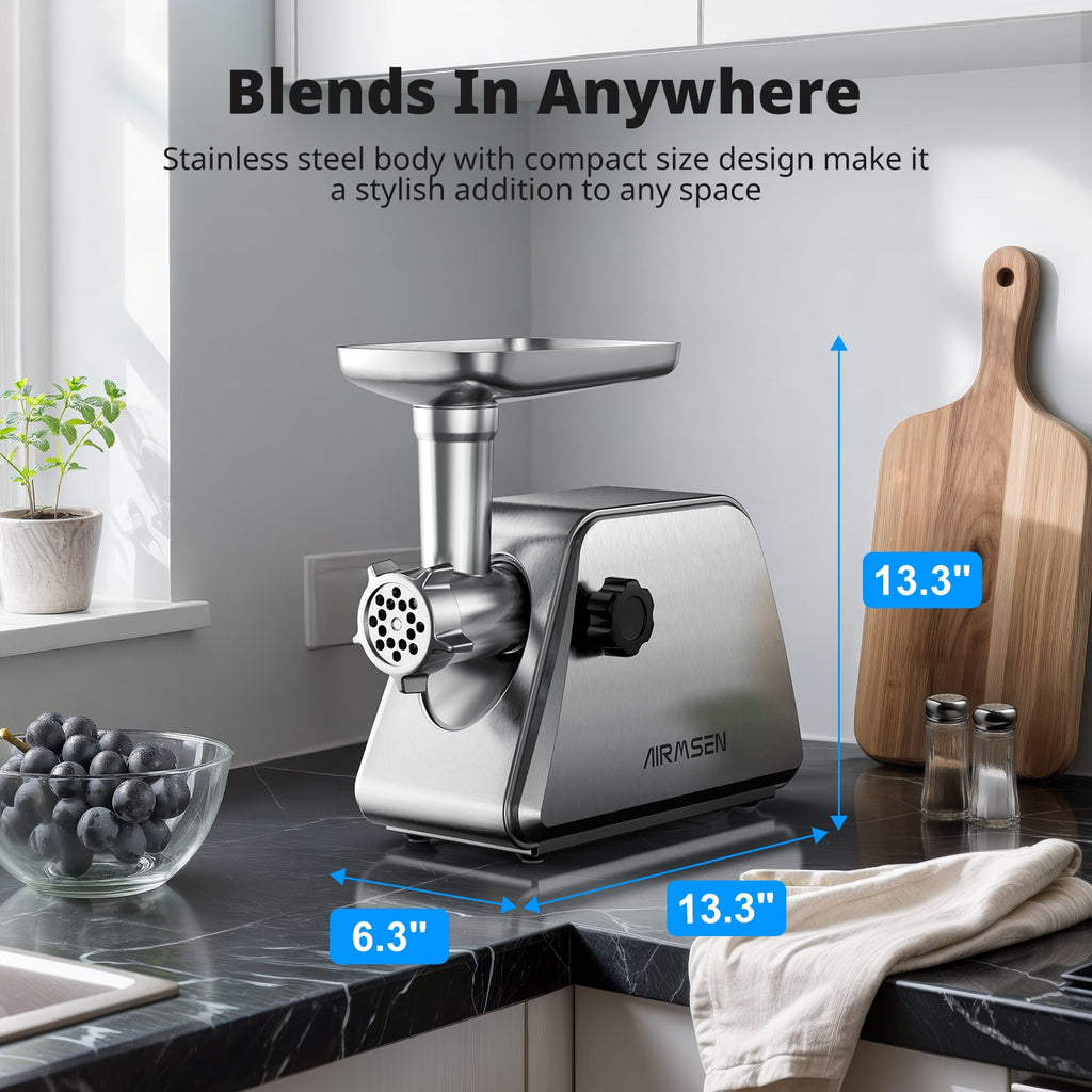 AIRMSEN Stainless Steel Meat Grinder, Electric 3 in 1 Meat Mincer with 2 Blades & 3 Plates, Sausage & Kubbe Maker Kit, Fixed Lock, Double Switch, Food Grinder for Home Kitchen Use