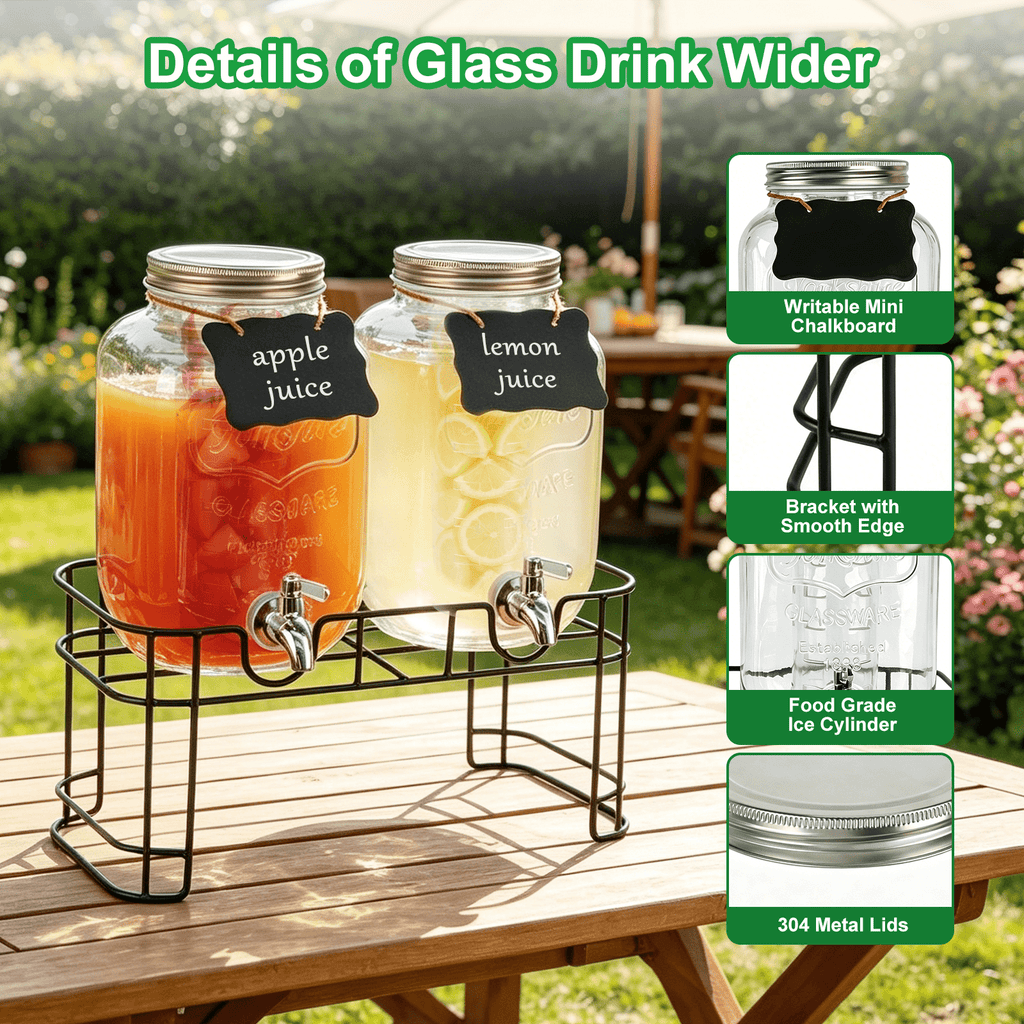 1 Gallon Glass Drink Dispensers for Parties, TAIMASI 2 Pack Beverage Dispenser with Stand & Stainless Steel Spigot, Leakproof Lemonade Drink Dispenser for Sun Tea, Homemade Juice