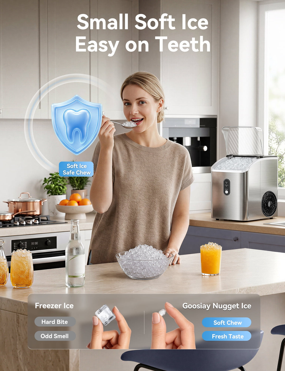Goosiay Countertop Nugget Ice Maker, 33lbs Per Day Portable Ice Machine with Soft Chewable Pellet Ice, Stainless Steel, Silver