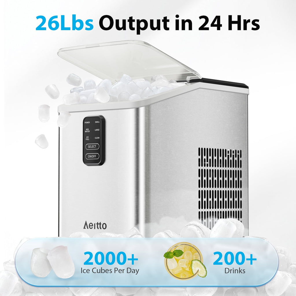 Aeitto Countertop Ice Maker Bullet Ice Machine, 8 Ice Cubes in 6 mins,26lb/Day Ice with 2 Sizes- Self-Cleaning Compact Portable Ice Makers for Home Kitchen, Office, RV