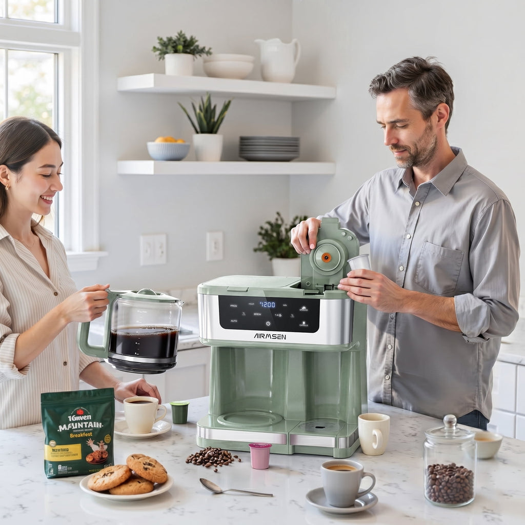 AIRMSEN 12-Cup Drip Coffee Maker with K Cup Combo, Programmable Coffee Machine with 1-4 Cup Setting, Single Serve or Coffee Pot, Auto Shut-off, Spill-Free Spout
