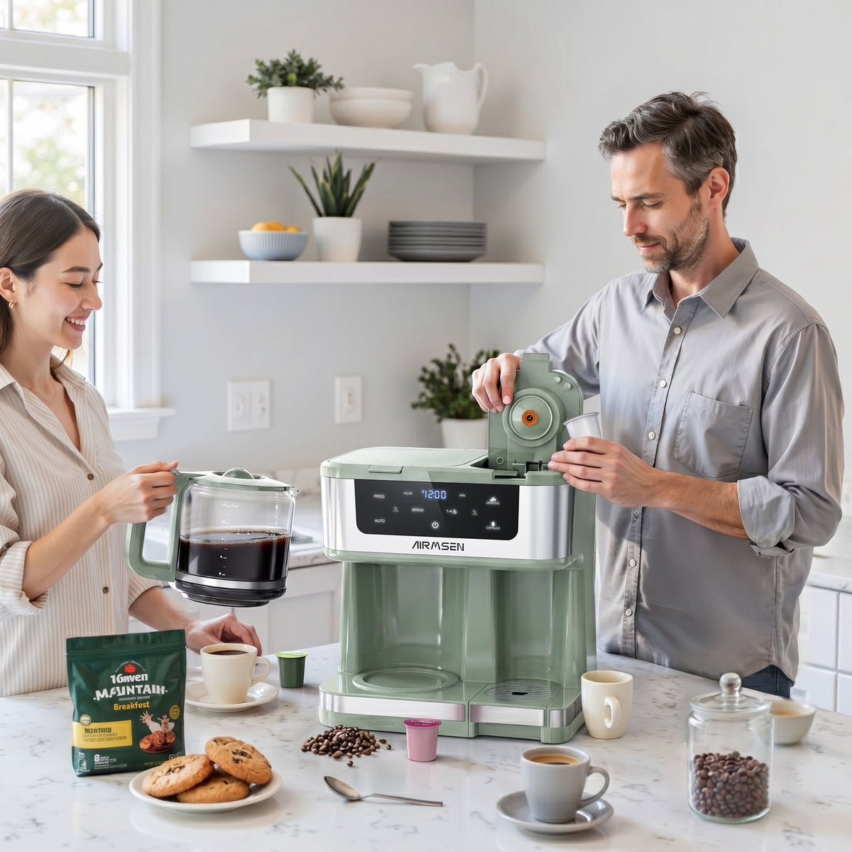AIRMSEN 12-Cup Drip Coffee Maker with K Cup Combo, Programmable Coffee Machine with 1-4 Cup Setting, Single Serve or Coffee Pot, Auto Shut-off, Spill-Free Spout