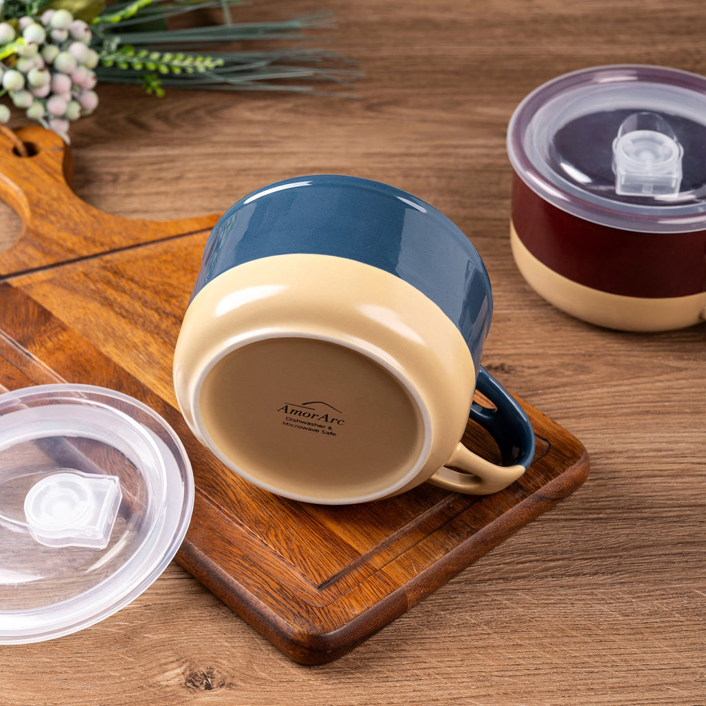 AmorArc Ceramic Soup Mugs with Handles and Lids,24 OZ Soup Cups Set of 2 with Terracotta Underside,Mug Bowls with Spoon for Soup/Cereal/Salad/Noodles/Ramen/Microware &Dishwasher Safe-White &Peach