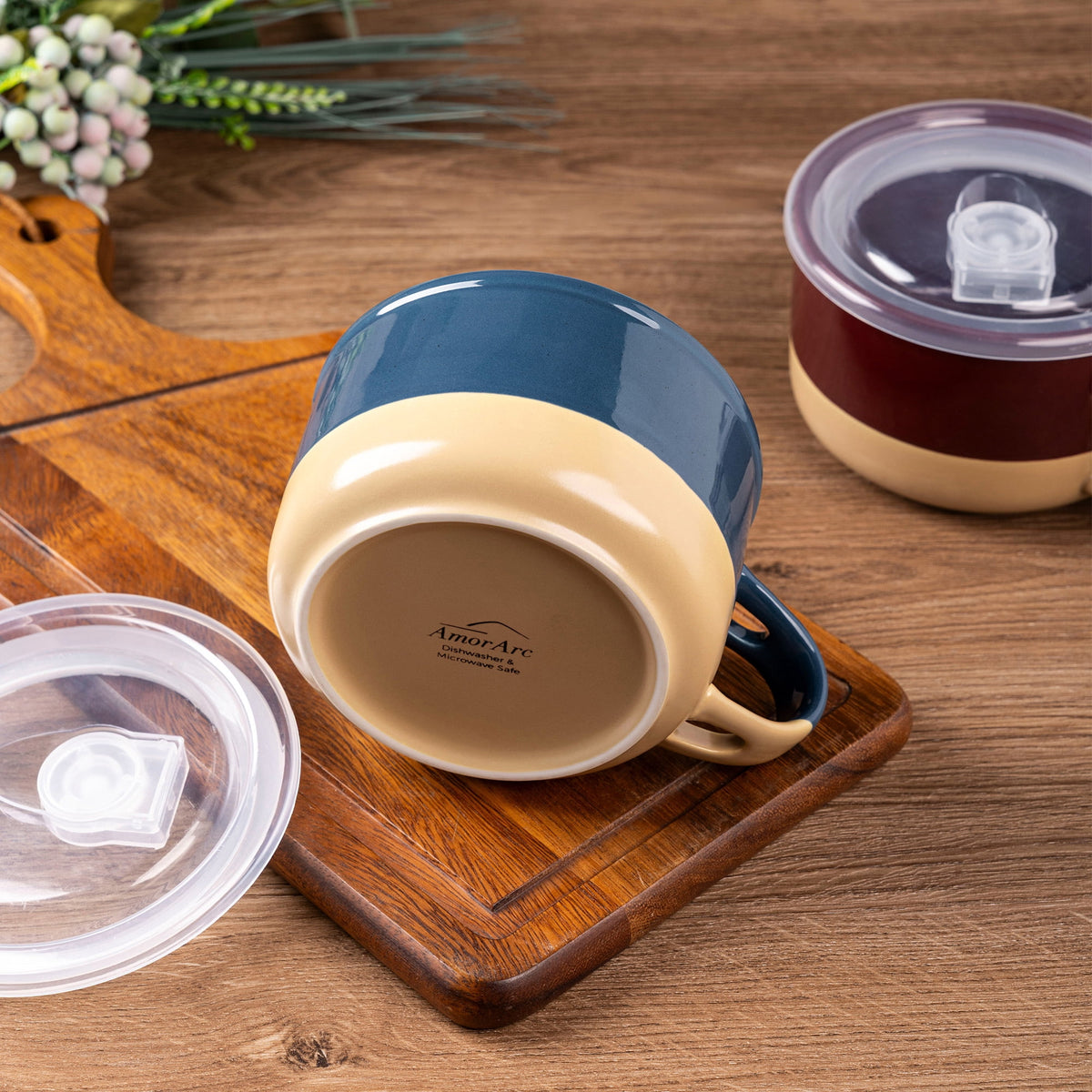 AmorArc Ceramic Soup Mugs with Handles and Lids,24 OZ Soup Cups Set of 2 with Terracotta Underside,Mug Bowls with Spoon for Soup/Cereal/Salad/Noodles/Ramen/Microware &Dishwasher Safe-White &Peach