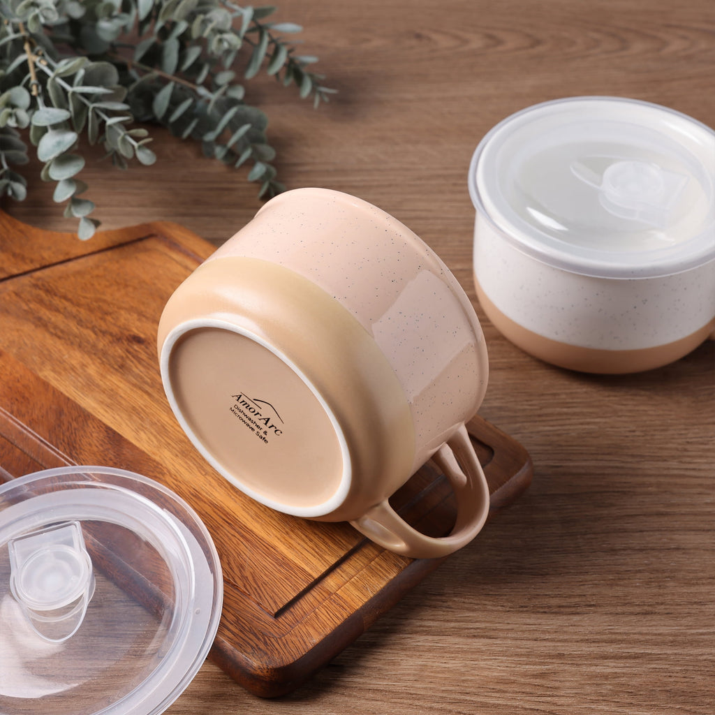 AmorArc Ceramic Soup Mugs with Handles and Lids,24 OZ Soup Cups Set of 2 with Terracotta Underside,Mug Bowls with Spoon for Soup/Cereal/Salad/Noodles/Ramen/Microware &Dishwasher Safe-White &Peach