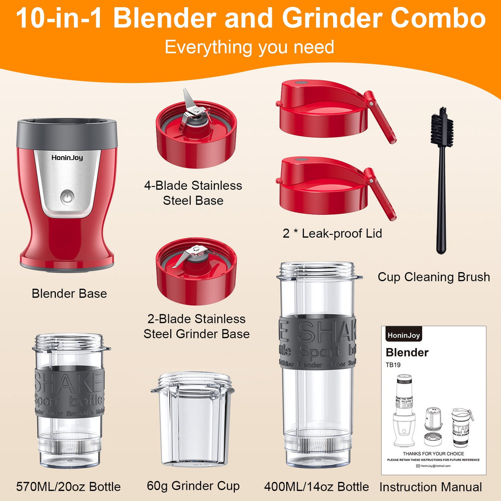 HoninJoy Portable Blender, Compact Personal Blender for-Smoothies, Shakes, Food Prep, and Frozen Blending, 20-oz. Cups and Spout Lids, Grinding Cup
