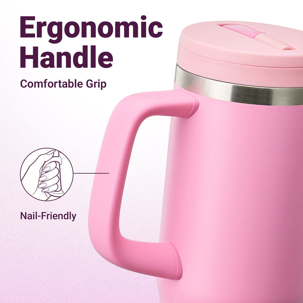 Carote Insulated Stainless Steel Tumbler with Handle and Lid, Leakproof Double Wall Vacuum Travel Mug, Reusable Cup for Hot & Cold Drinks, Pink, 32oz