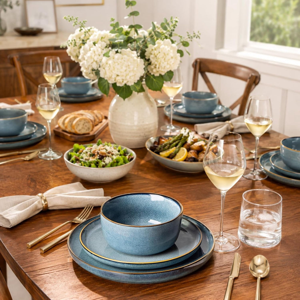 AmorArc Ceramic Dinnerware Sets for 4, 12 Pieces Stoneware Plates and Bowls Sets, Reactive Glaze Dishes -Scratch Resistant, Dishwasher&Microwave Safe, Space Blue (Service for 4)