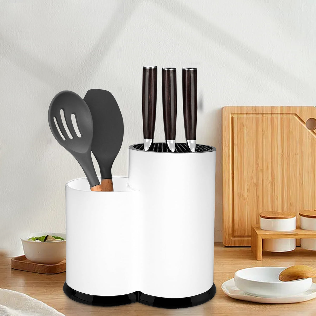 Knife Holder Kitchen 2-in-1 Universal Block without Knives Silverware Storage Stand with Drain Hole,for Countertop and Cabinet Drawer,White