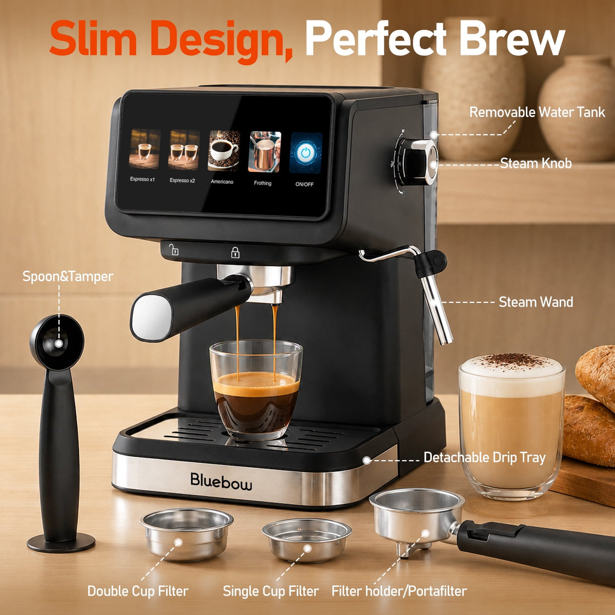 Espresso Machine with Milk Frother Steam Wand, 20 Bar Color Touchscreen Coffee Maker for Americano Cappuccino Latte, Compact for Home Office, Black