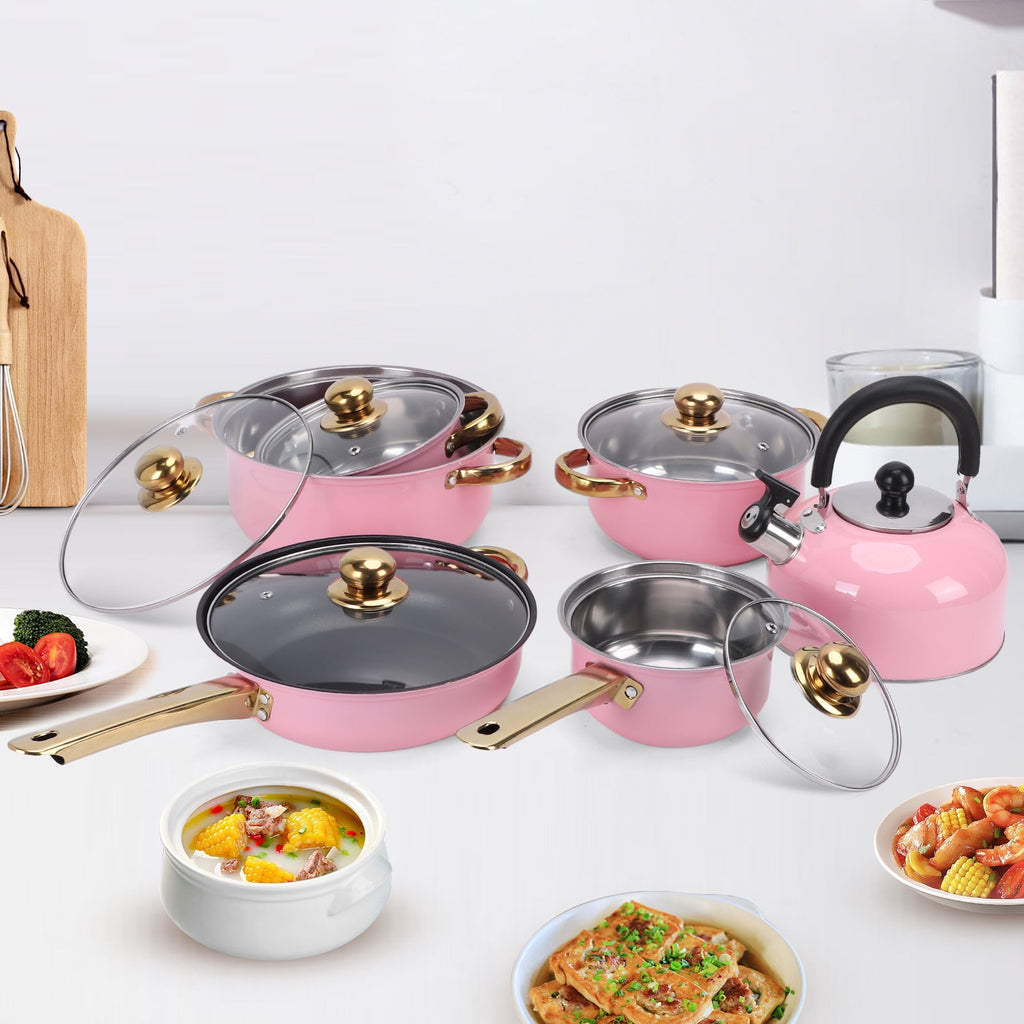12 Piece Stainless Steel Cookware Set, Nonstick Cookware Set, Kitchen Pots and Pans Tea Kettle Set with Glass Lid for Cooking, Dishwasher, Pink
