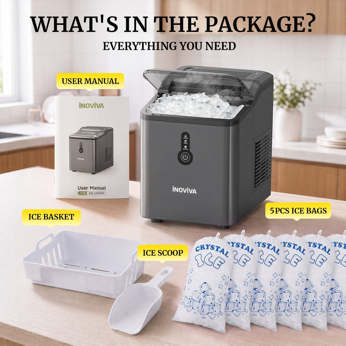 Inoviva Countertop Nugget Ice Maker, 26.5LBS/Day, Ice Ready in 6 Mins, One-Click Self-Cleaning for Home, Office & RV