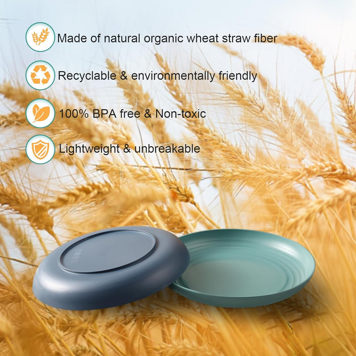 10 Inch Wheat Straw Plates, 12 Pcs Unbreakable Dinner Set, BPA Free, Microwave & Dishwasher Safe, Eco-Friendly, 6 Colors, Lightweight