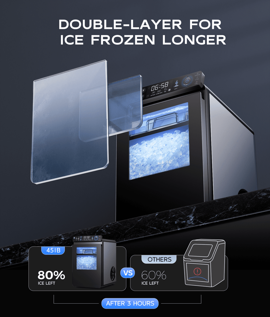 Ecozy Chillio Nugget Ice Maker Countertop with App Control, Smart Pebble Sonic Ice Machine, 44LBS/24H Soft Chewable Pellet Ice