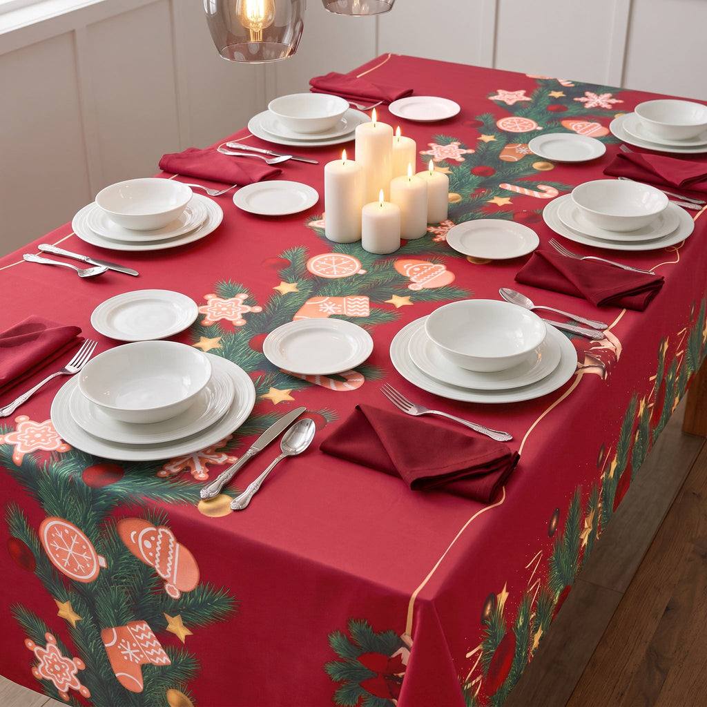 LUSHDIVA Christmas Rectangle Tablecloth, Holly Berry Ribbon Garland Bordered Fabric Dining Table Cover, Xmas Holiday Party Decor Table Cloth, 60" x 84"
