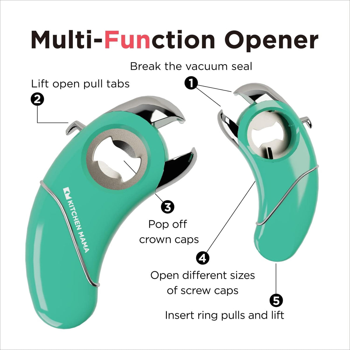 Kitchen Mama Epic One Magnetic Multifunction Opener: Beer, Soda Can, Pull Tab, Jar Opener (Red)