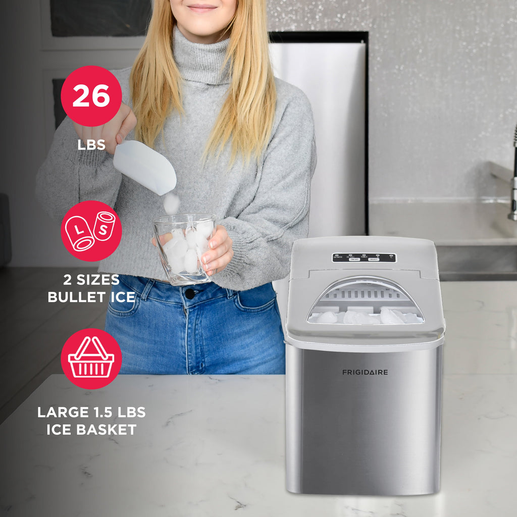 Frigidaire 26 lb. Bullet Ice Maker, Countertop Ice Machine with LED Control Panel, Red Stainless Steel