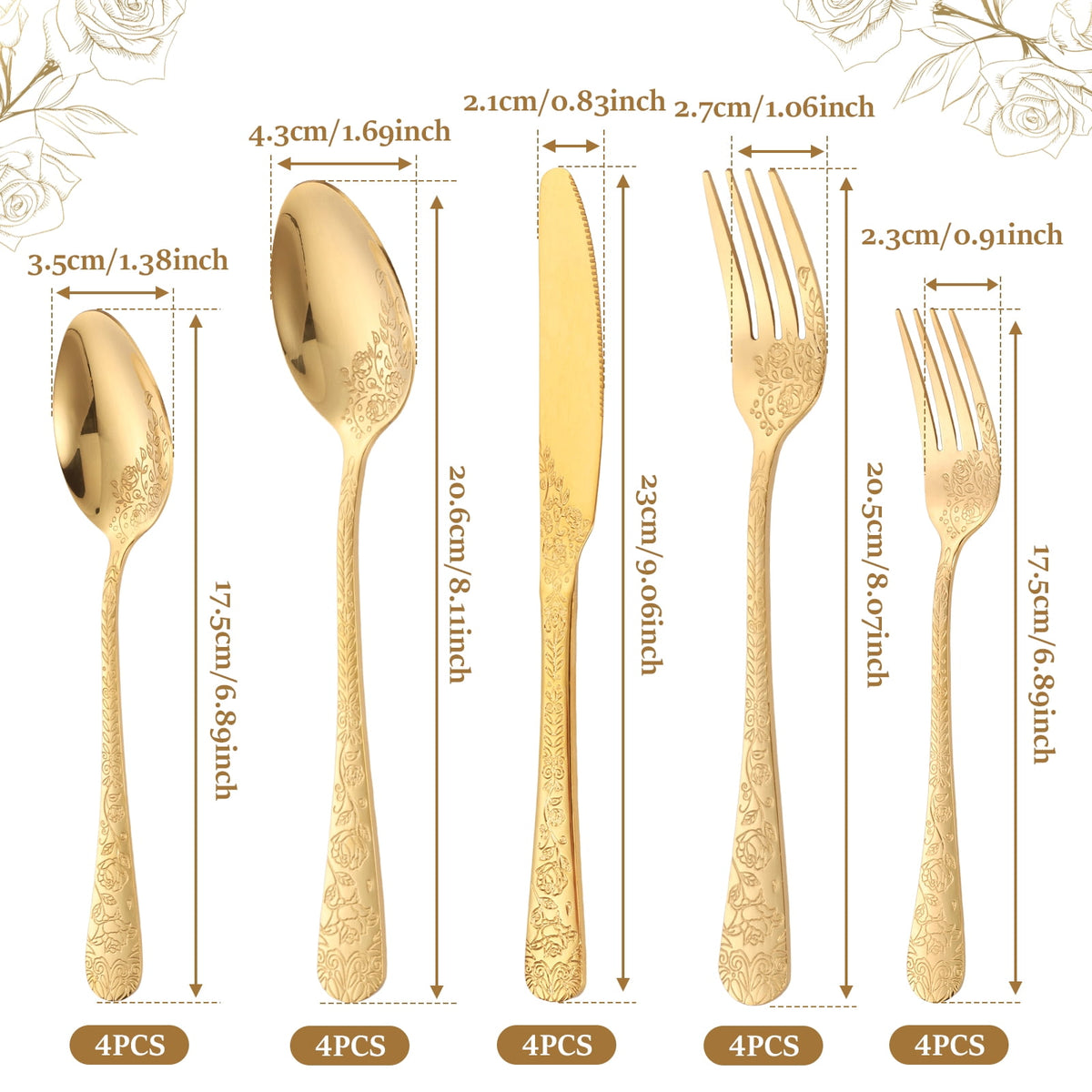 20 Pcs Floral Silverware Set Including Fork Spoon and Knife Stainless Steel Flatware Set Vintage Cutlery Set Mirror Polished Utensil Set for Kitchen Dishwasher Safe Service for 4