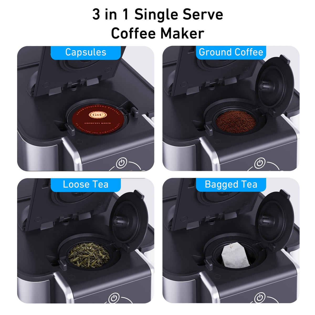 Jesslyn 3 in 1 Single Serve Coffee Maker: K Cup Coffee Machine Compatible with Grounds, Instant Coffee Pot, Tea Maker Brewer - Removable 50 oz Water Reservoir, 120V 1150W, Black