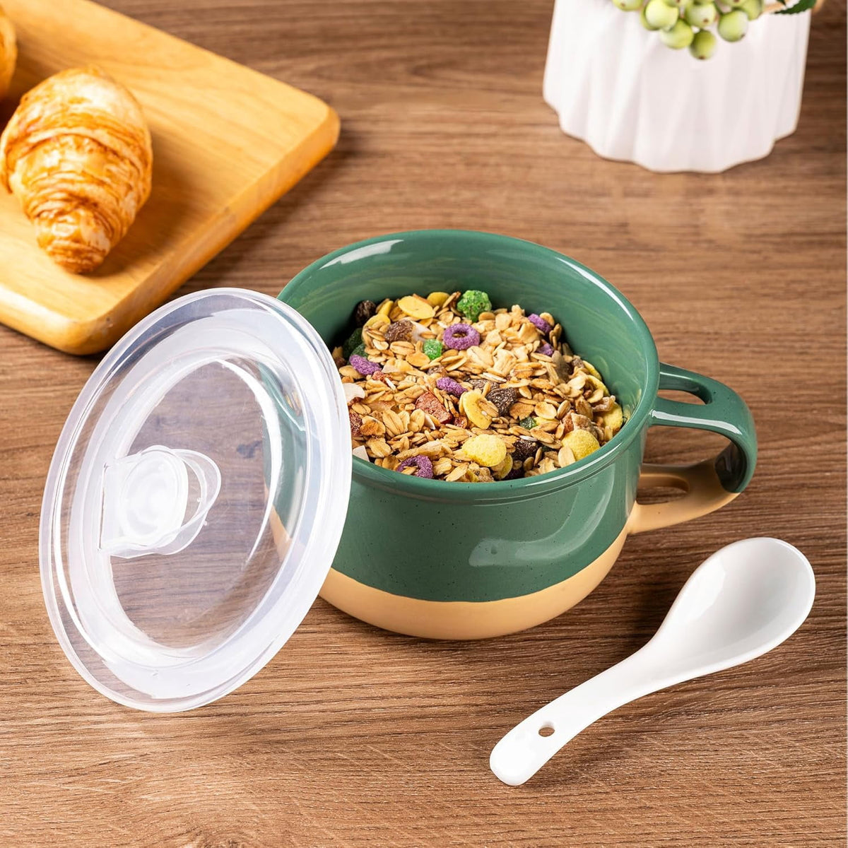 AmorArc Ceramic Soup Mugs with Handles and Lids,24 OZ Soup Cups Set of 2 with Terracotta Underside,Mug Bowls with Spoon for Soup/Cereal/Salad/Noodles/Ramen/Microware &Dishwasher Safe-White &Peach