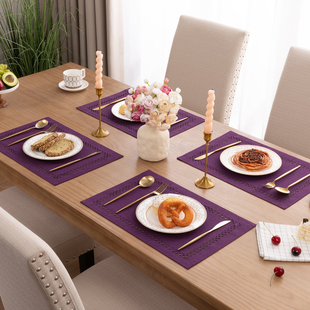 Placemats Set of 4, Yamaziot Double Layer Cloth Fabric Heat Resistant Place Mat, Washable Reversible Rectangle Dining Table Mats, Hollow Khaki, 12"x18"