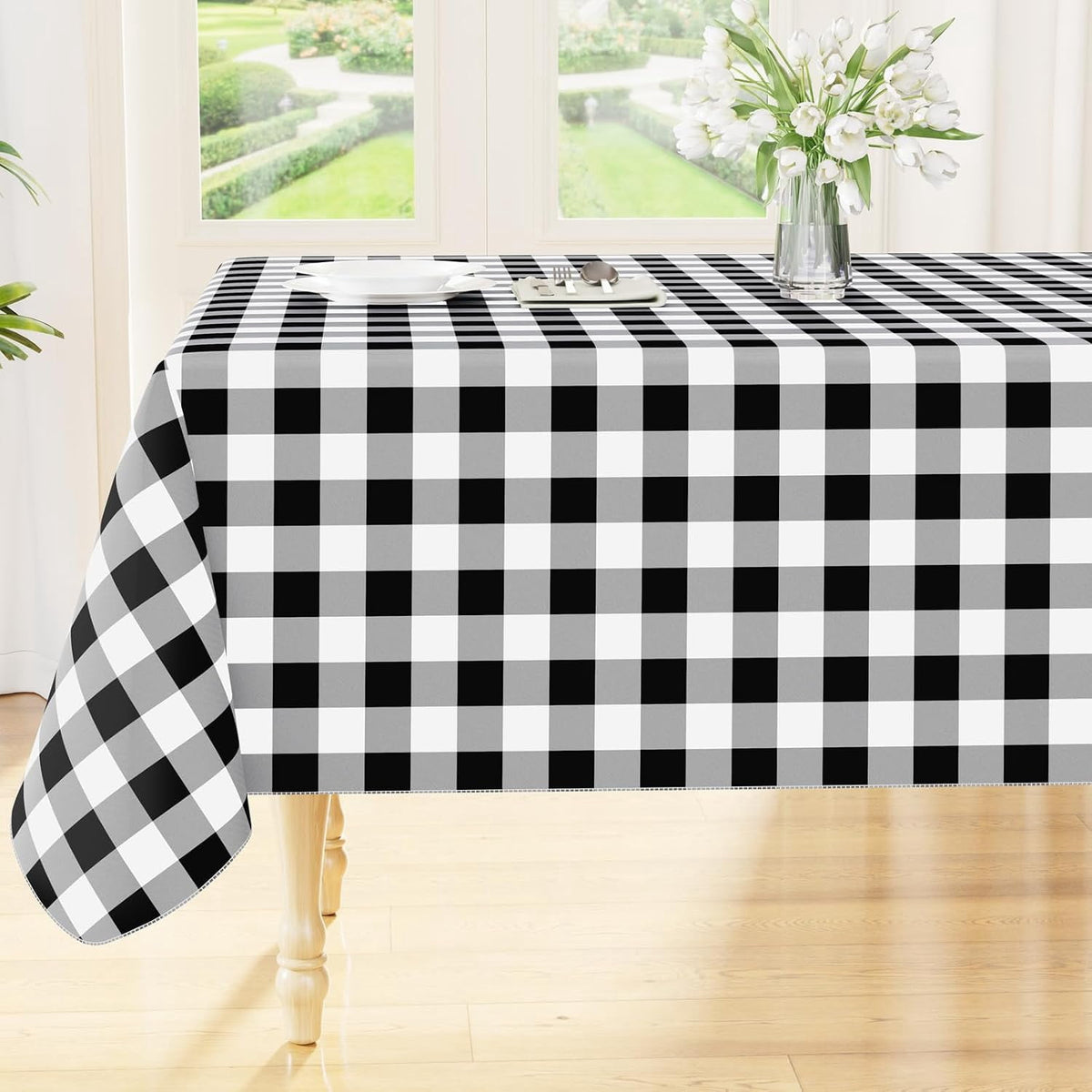 decorUhome Rectangle Tablecloth, Waterproof Vinyl Flannel Backed Table Cloth, Buffalo Wipeable Plastic Table Cover for Kitchen and Outdoor, Black and White, 60" x 84"