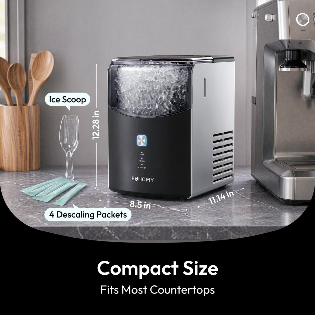 EUHOMY Countertop Nugget Ice Maker, 35lbs/24H Chewable Ice Machine, Self-Cleaning, Quiet Operation, Portable for Home, Office, Bar & RV, Black