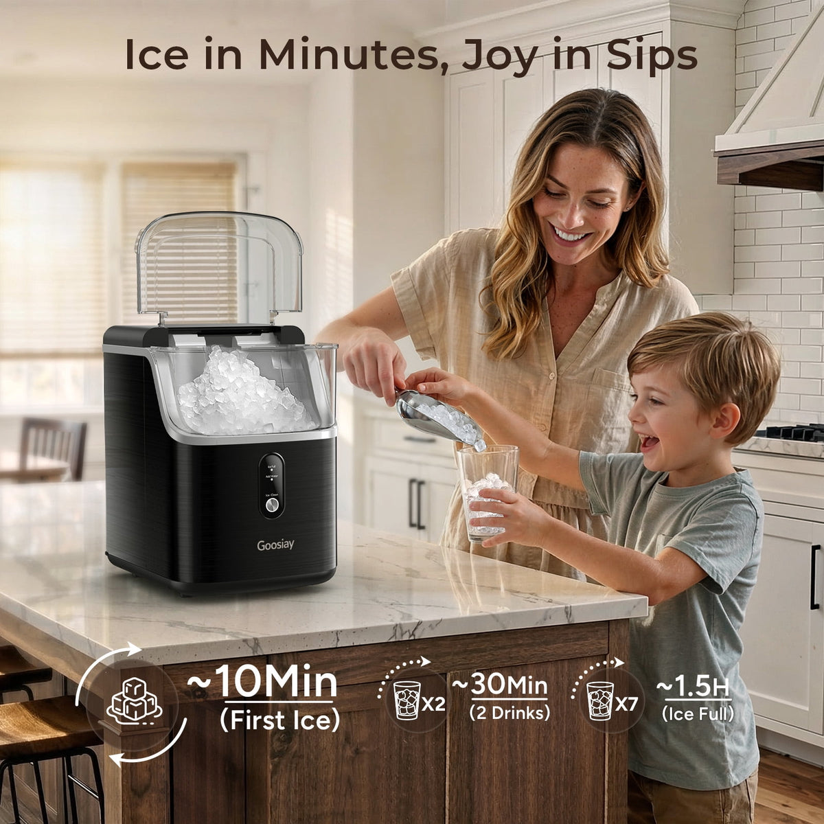 Goosiay Nugget Ice Maker Countertop, 33lbs Per Day Portable Ice Machine with Soft Chewable Pellet Ice, Stainless Steel, Black