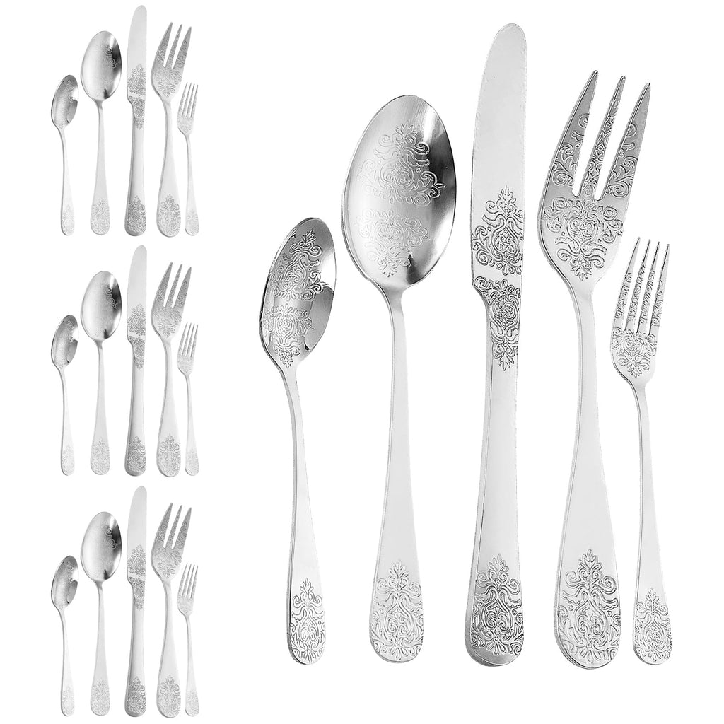 20 Pcs Floral Silverware Set Including Fork Spoon and Knife Stainless Steel Flatware Set Vintage Cutlery Set Mirror Polished Utensil Set for Kitchen Dishwasher Safe Service for 4