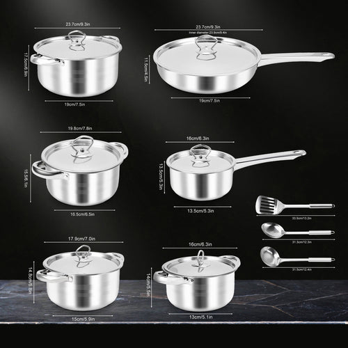 15 Piece Stainless Steel Cookware Set, Pots and Pans Set with Lids Non Toxic, Kitchen Induction Cookware with Utensil Sets For Oven & Dishwasher ,Heavy Premium Kitchen Cooking