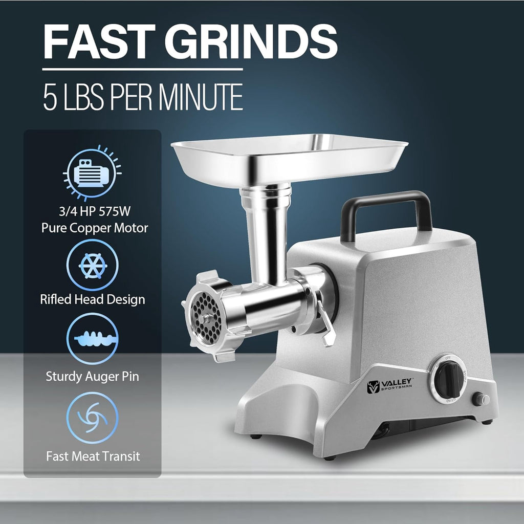 Valley Sportsman #8 Stainless Steel Meat Grinder, Powerful 575-Watt Motor Sausage Meat Grinder with Grinder Knife, Ideal for Regular Use, Sausage Making, Silver