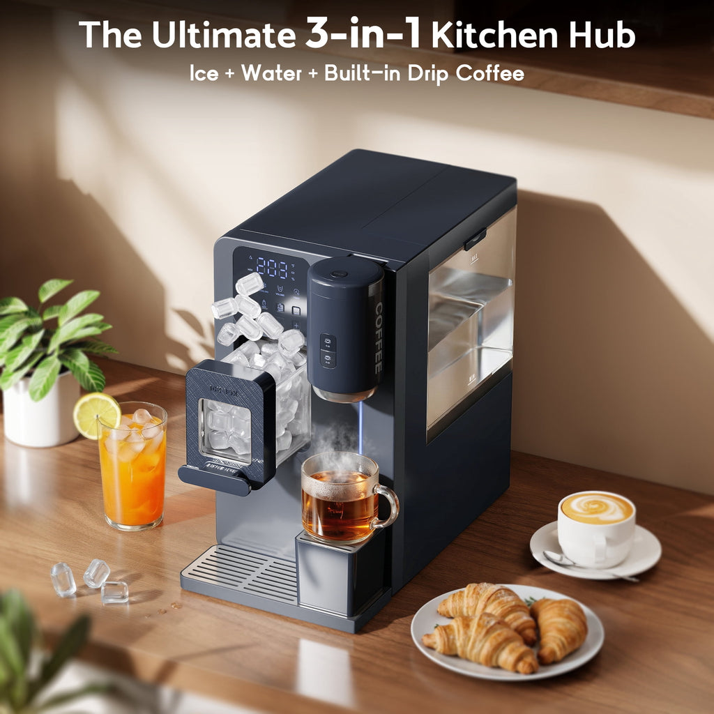 Flamemore 3-in-1 Countertop Water Dispenser w/Bullet Ice Maker, Coffee Brewer, Self-Cleaning UV Sterilization, Beverage Station for Home Office