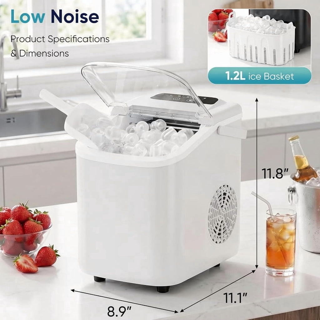 Simenmax Ice Maker Countertop – 26lbs Desktop ice maker with Handle for Home, Kitchen, Office, Outdoors, RV, Camping, White