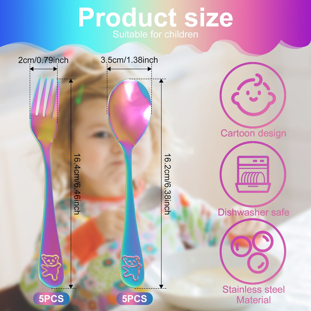 Jetcloudlive 10 Pieces Kids Silverware Set, Stainless Steel Toddler Utensils, Rainbow Kids Cutlery Set, Kids Forks and Spoons Includes 5 Forks, 5 Spoons