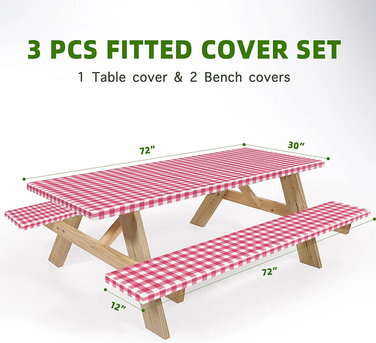 UMINEUX 3-Piece Rectangle Checkered Picnic Table Cover with Bench Covers Vinyl Flannel Backing with Elastic Edge (30"x72", Black and White)