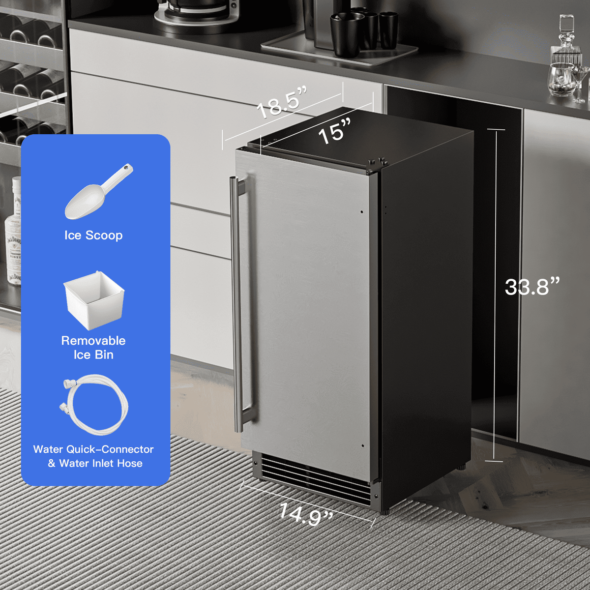OUTBID 15" Under Counter Ice Maker Drainless, 25 lbs/24H Crescent Ice Machine with 22 lbs Storagefor Home Bar Kitchen Commercial, ETL