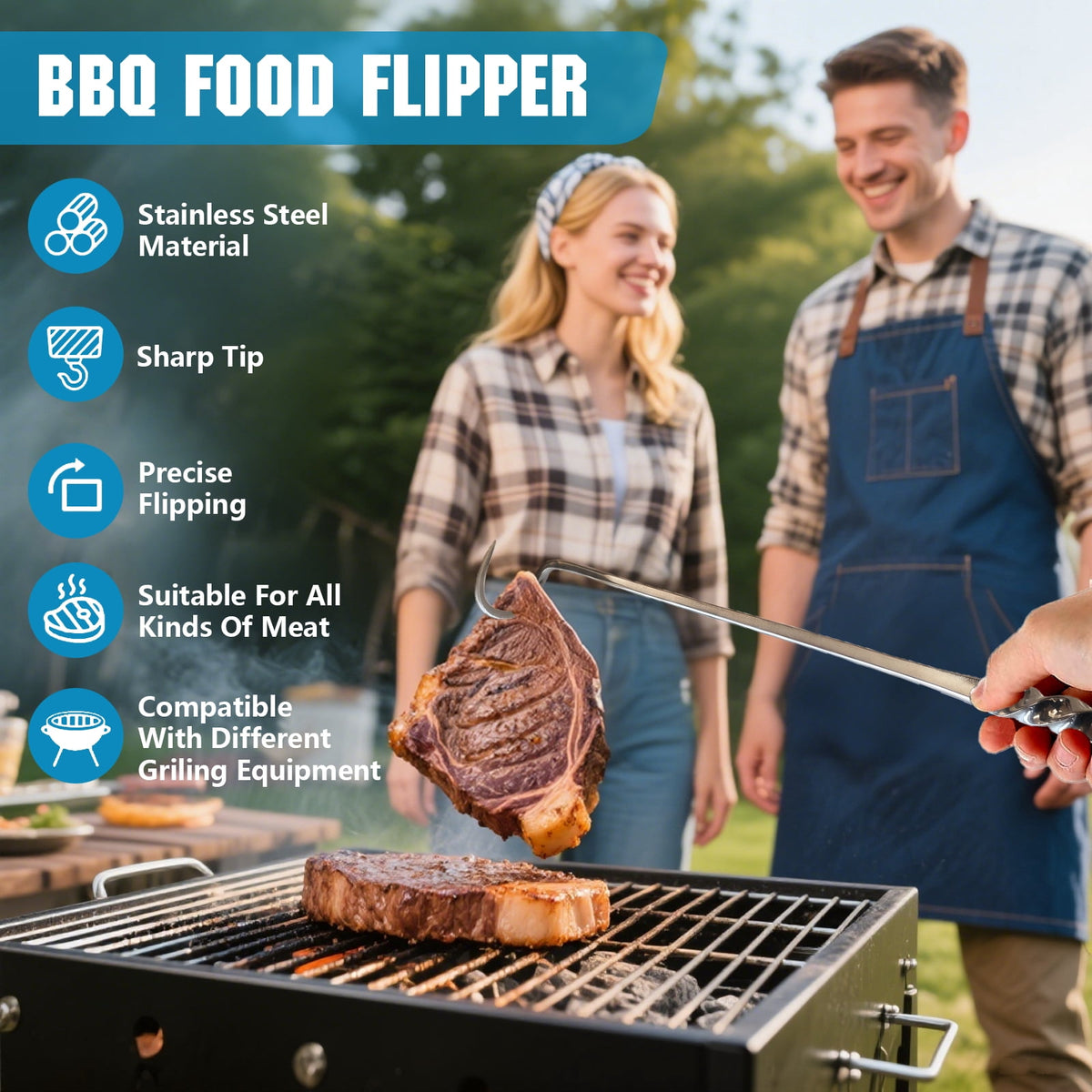 Meat Flipper, Grill Hooks for Turning, Heavy Duty Stainless Steel BBQ Turner Hooks with Long Handle for Flipping Ribs, Pork Shoulder, Roast on Smoker Grilling (Right Hand A)