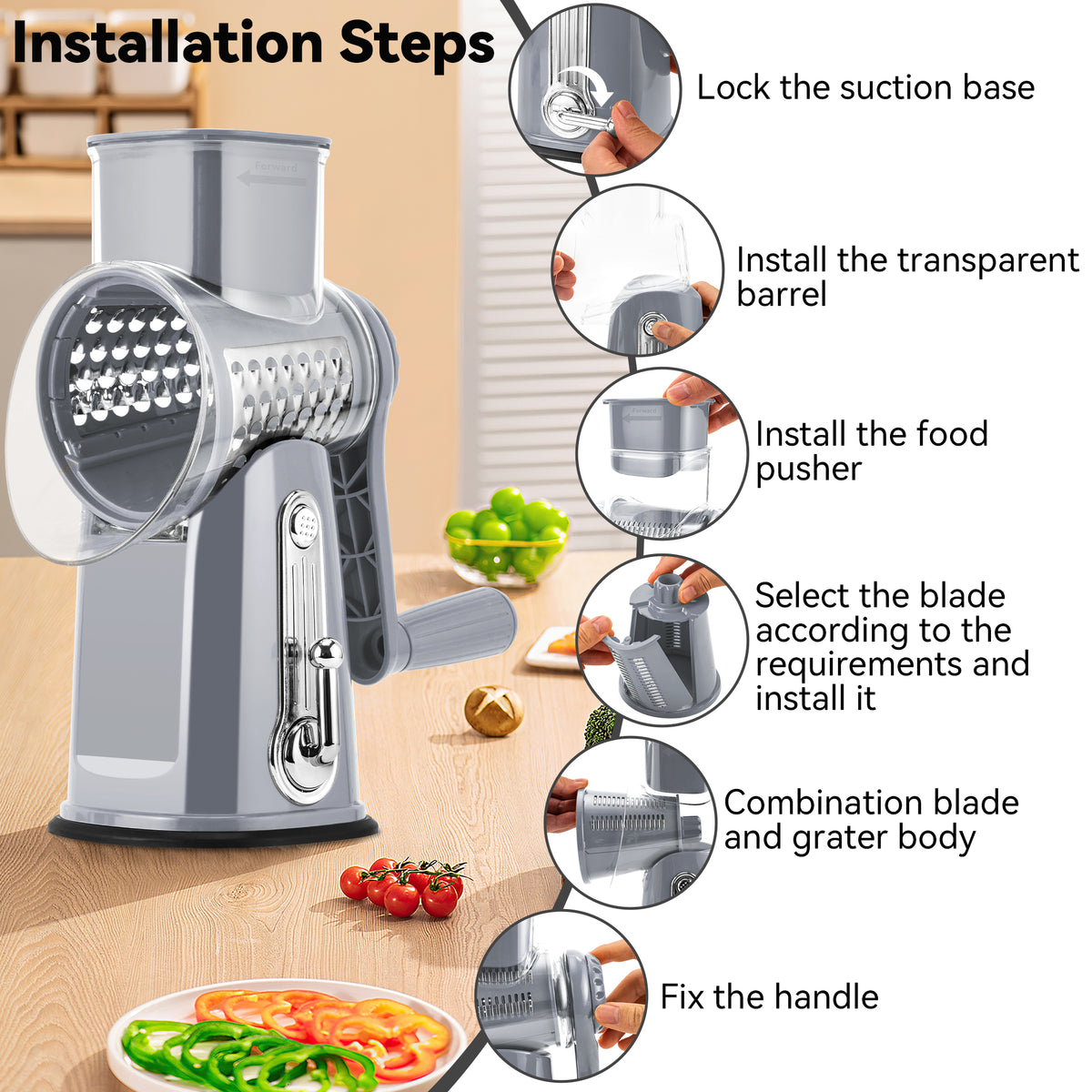 Pukomc Rotary Cheese Grater with Handle- 5 Blades, Suction Base, Mandoline Slicer & Veg Shredder with Blade Storage Box(Green)