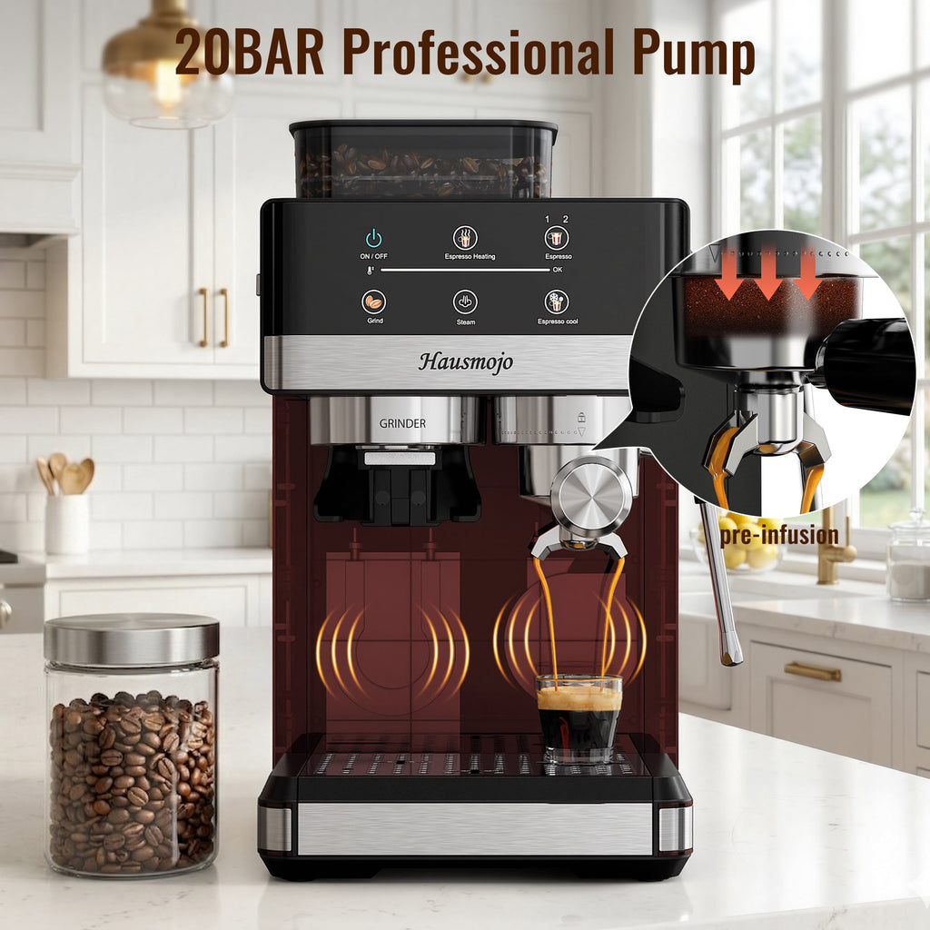 Hausmojo M5520 Espresso Machine with Grinder & Milk Frother , 20 Bar Semi-Automatic Cappuccino Latte Maker for Home